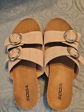 Soda Light Tan Double Buckle Slide Sandals
